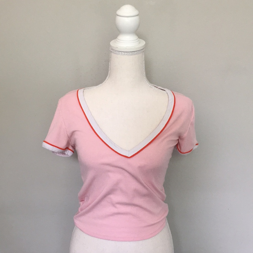 Ribbed bubble gum pink v neck top